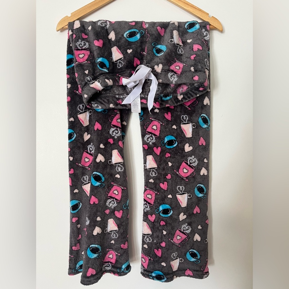 Cozy Gray Pajama Pants with Pink and Blue Coffee Print
